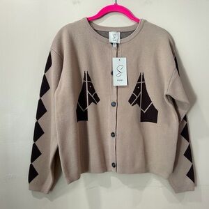 NWT Sioni Tan Knit cardigan Sweater Top Button Up horse motif Crew Neck Women L